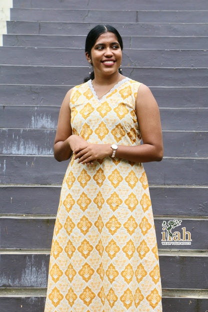 Yellow A-Line Midi Dress with attached Sleeves