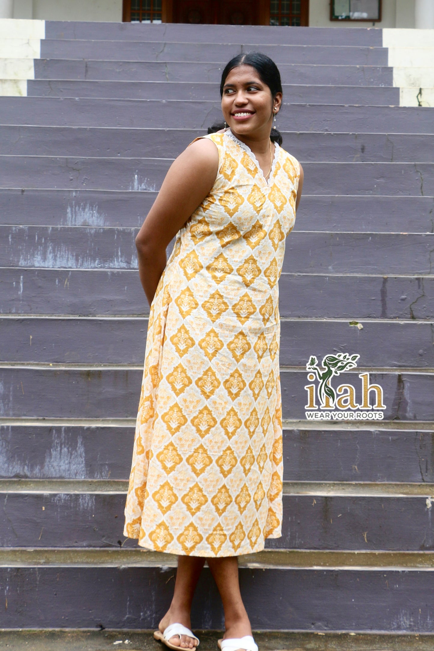 Yellow A-Line Midi Dress with attached Sleeves