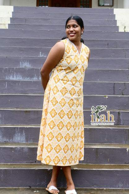 Yellow A-Line Midi Dress with attached Sleeves