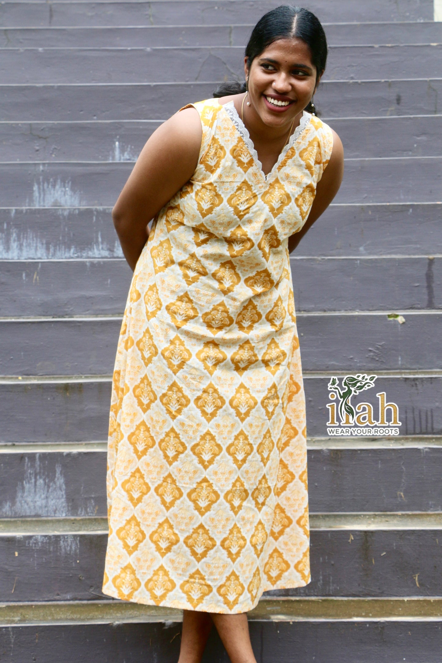 Yellow A-Line Midi Dress with attached Sleeves