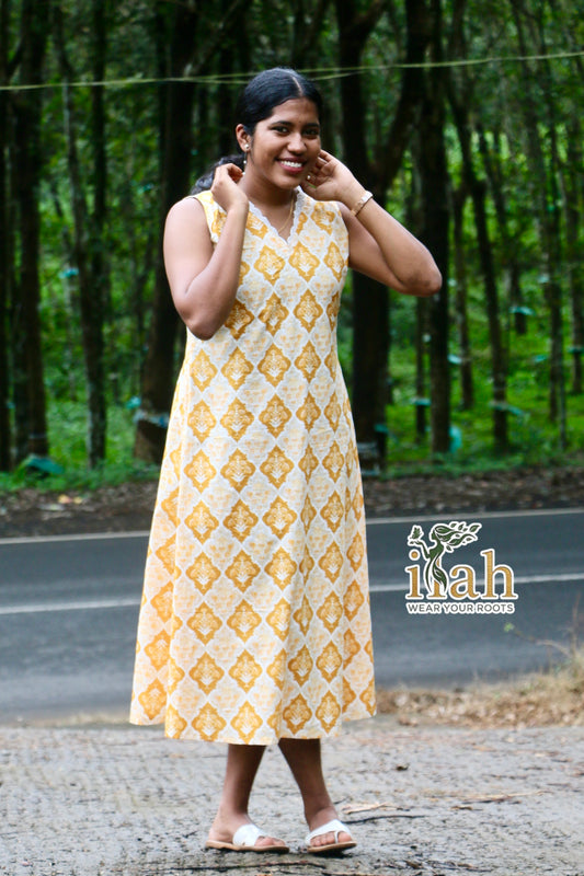Yellow A-Line Midi Dress with attached Sleeves