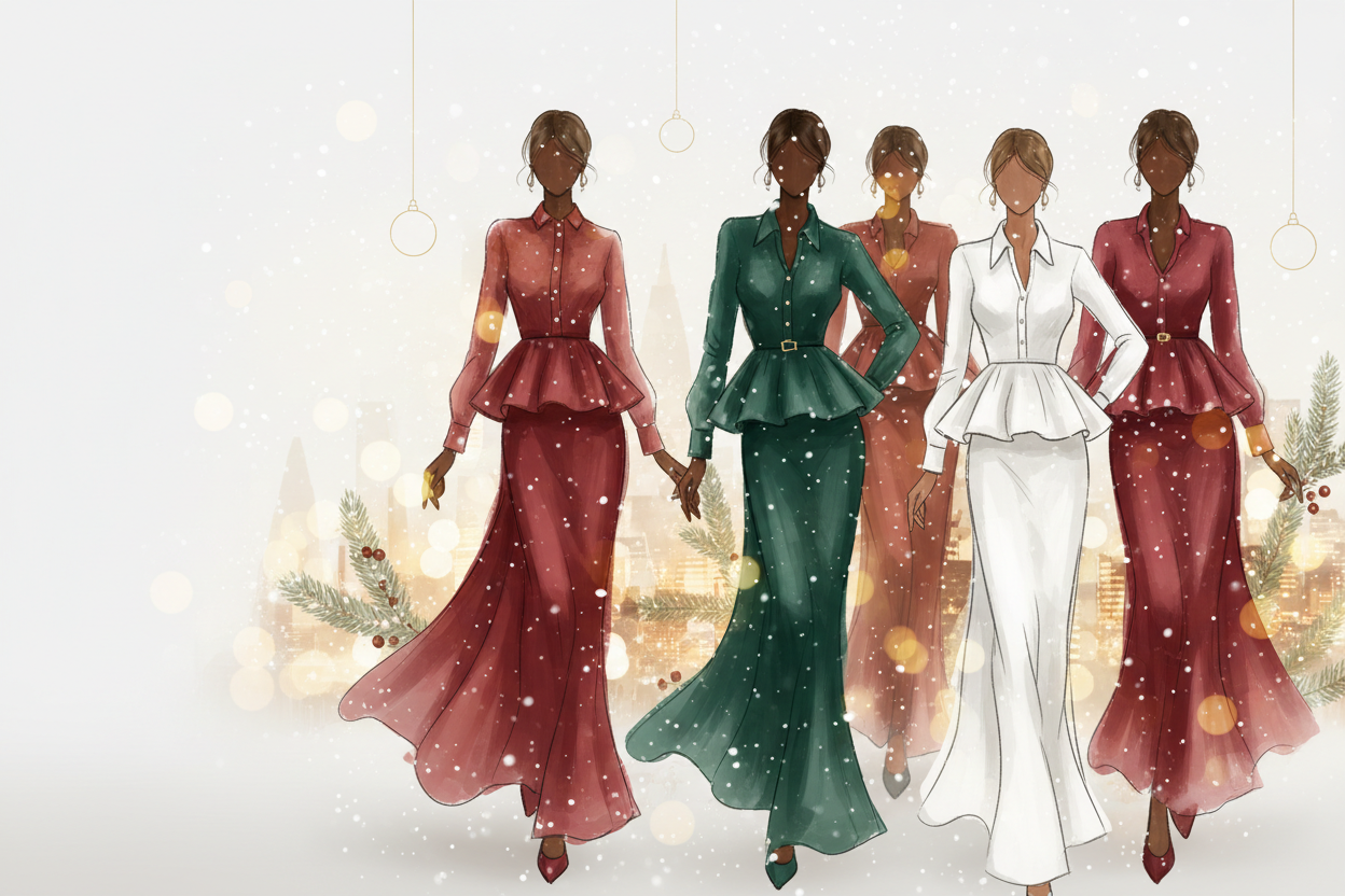 Add stylish silhouettes or abstract outlines of fashionable women wearing chic holiday clothing such as peplum tops, button-down tops, dresses, and flowy outfits. Avoid showing faces clearly — keep the figures soft, artistic, and fashion-focused. Use a color palette of warm reds, deep greens, whites, and gold accents. Style should be premium, feminine, festive, and dynamic, suitable for the homepage of a women’s clothing brand